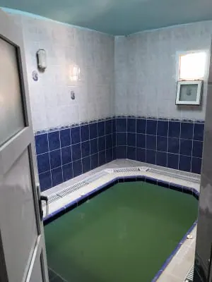 Mineralli termal suyla dolu, lacivert çini kuşaklı kapalı havuz